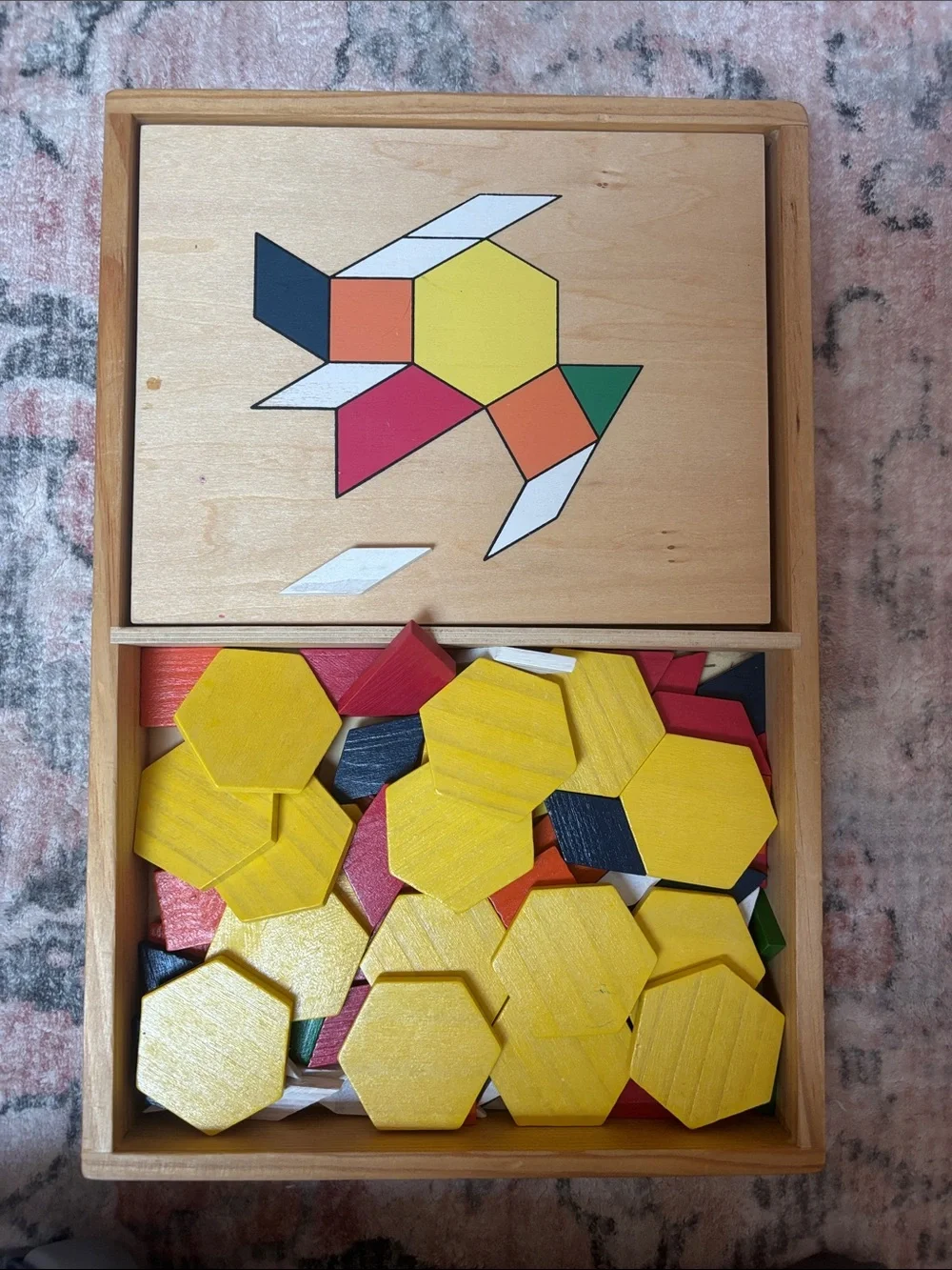 Kids Wooden Pattern Blocks Set - Yellow, Red, Green, Black, White